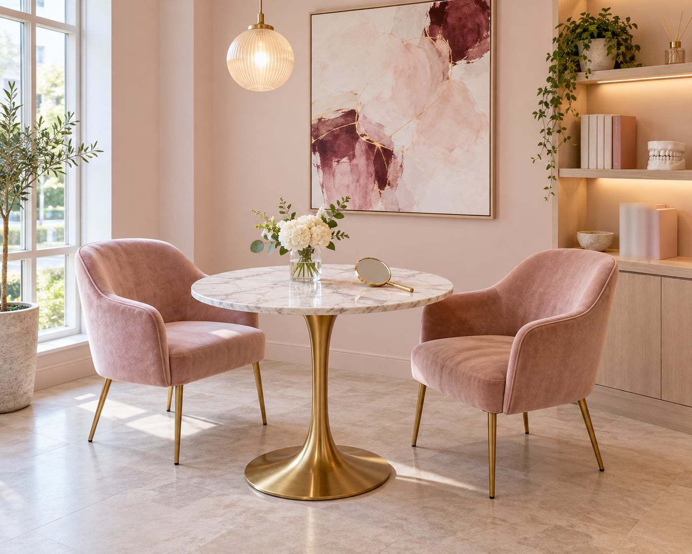 Mesa redonda de mármore com flores e espelho, poltronas rosadas, estante clara e quadro em tons de rosa e vinho