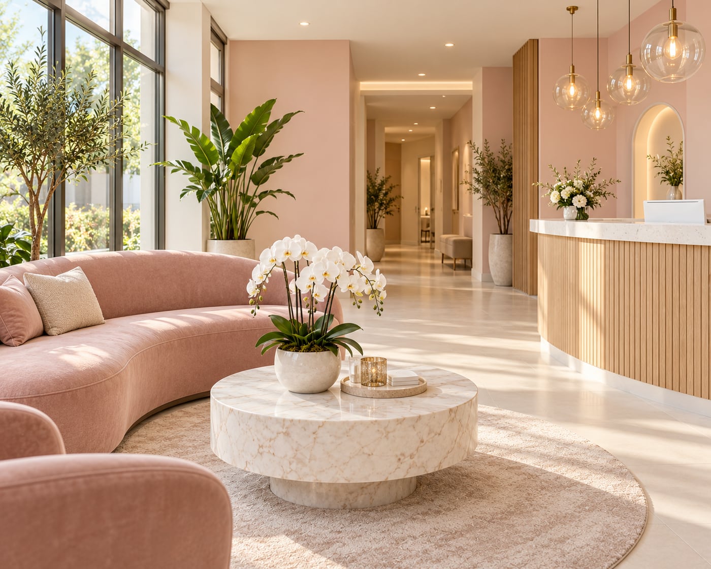 Sofá curvo rosado, mesa de mármore claro com orquídeas, plantas e balcão em madeira clara
